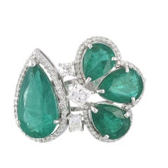Set in 18K White Gold, 4-Piece Zambian Emerald & Princess Diamond Cocktail Ring