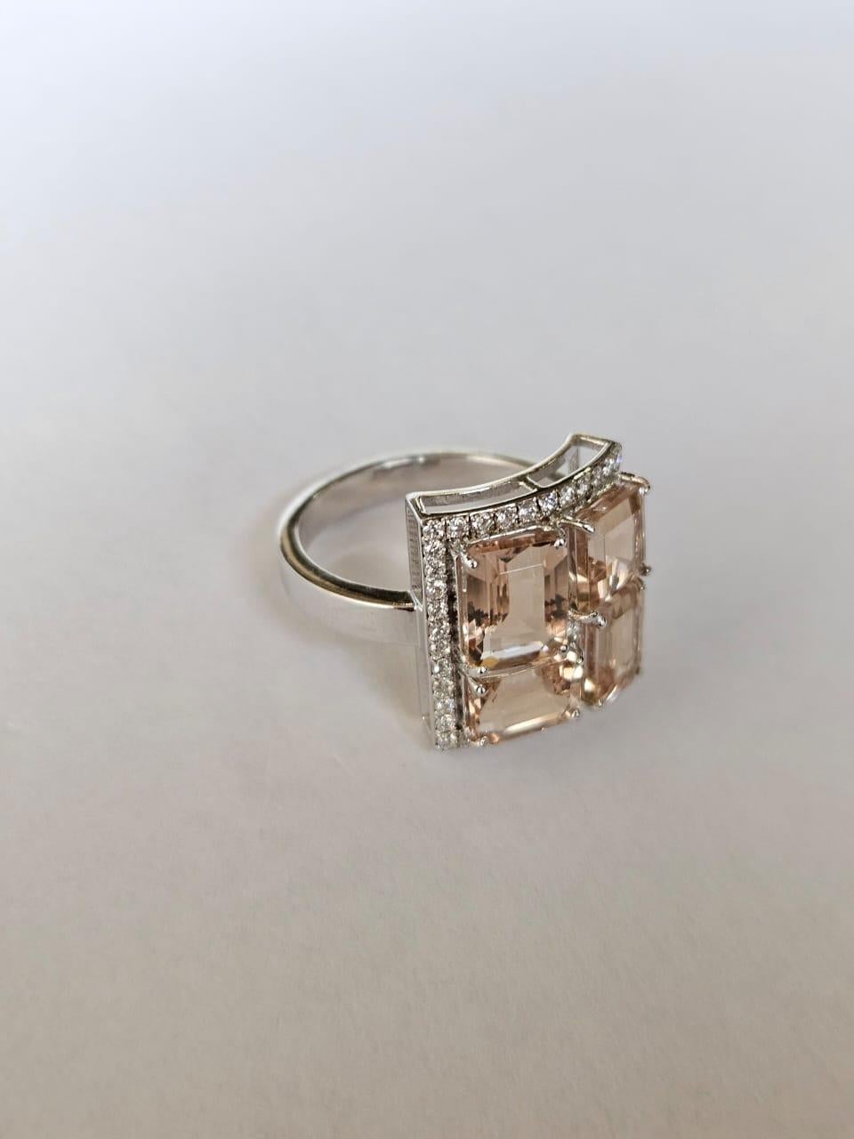 Emerald Cut Set in 18K white Gold, 4.61 carats, Morganite & Rose cut Diamond Engagement Ring For Sale
