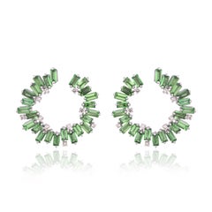 Set in 18K white Gold, 5.99 carats Tsavorite & Diamonds modern Hoop Earrings