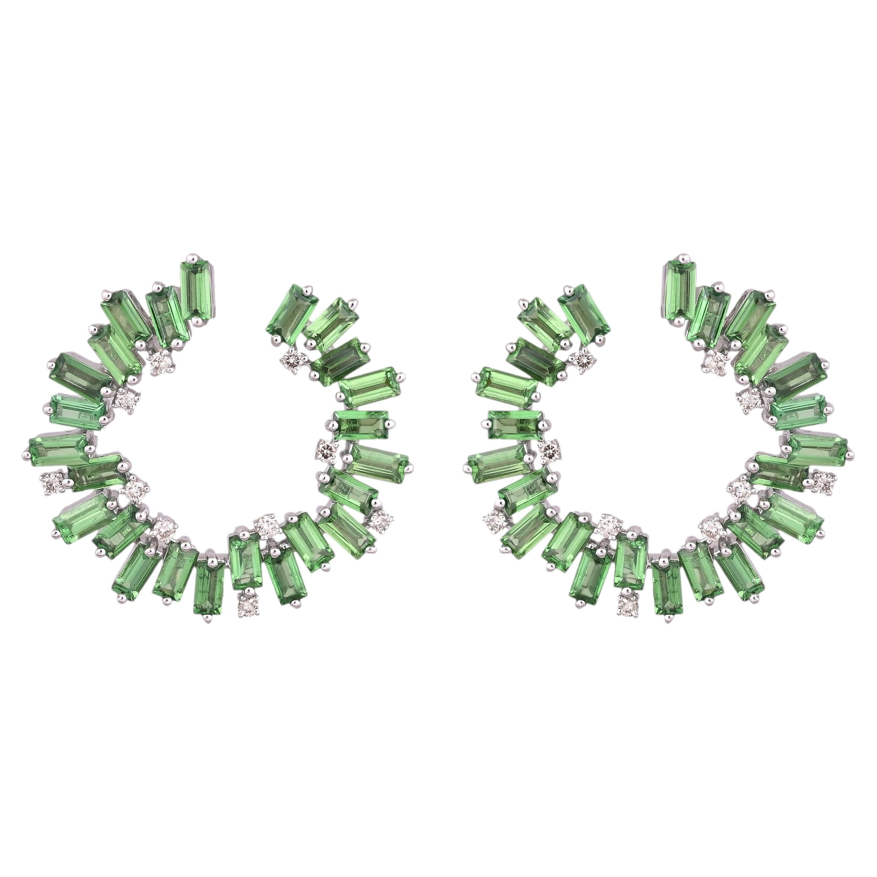 Set in 18K white Gold, 5.99 carats Tsavorite & Diamonds modern Hoop Earrings