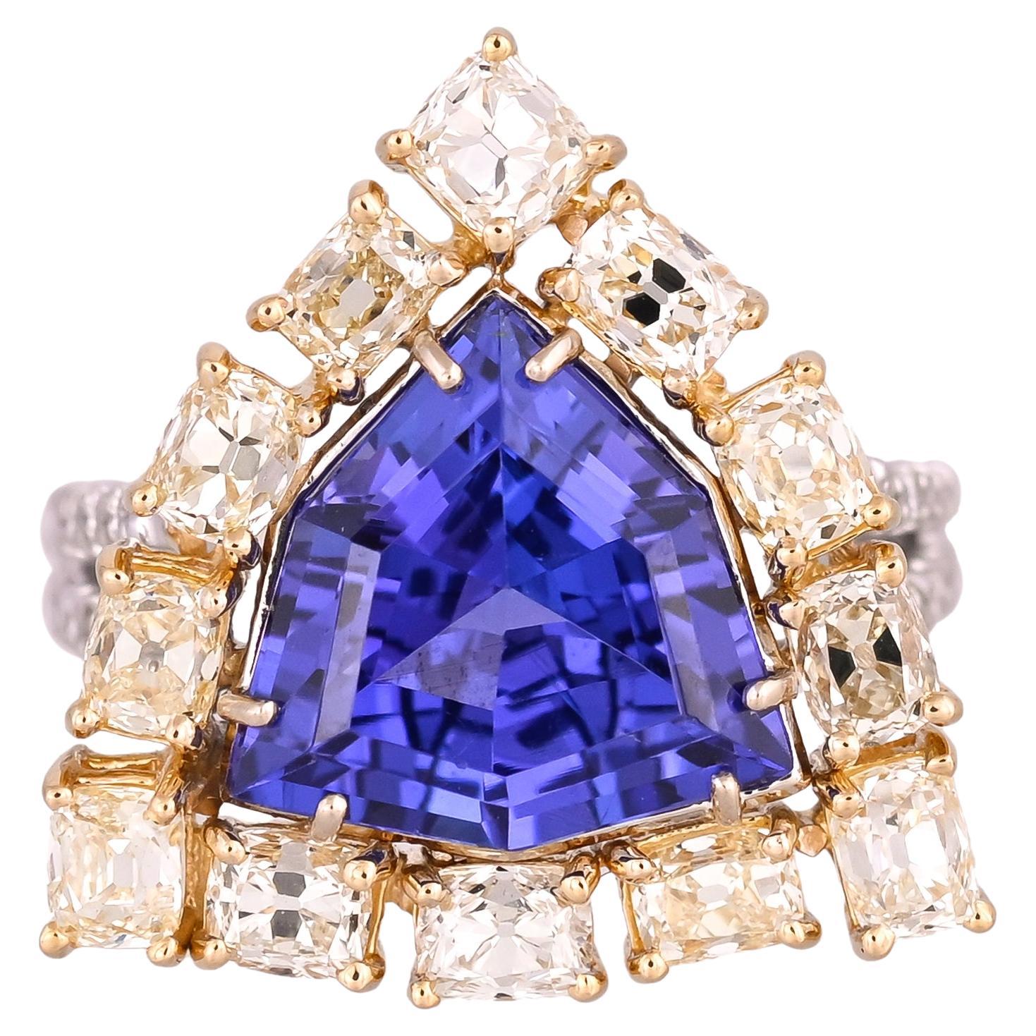 Bague de fiançailles en or blanc 18 carats, 6,03 carats, Tanzanite et diamants jaunes