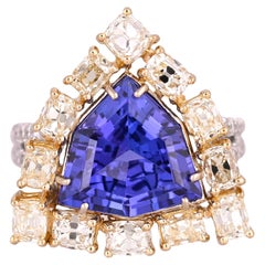 Bague de fiançailles en or blanc 18 carats, 6,03 carats, Tanzanite et diamants jaunes