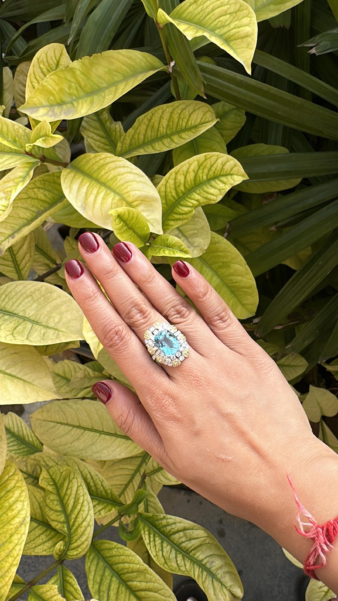 Anello di fidanzamento con acquamarina e diamanti gialli da 7,10 carati, in oro bianco 18 carati in vendita 4