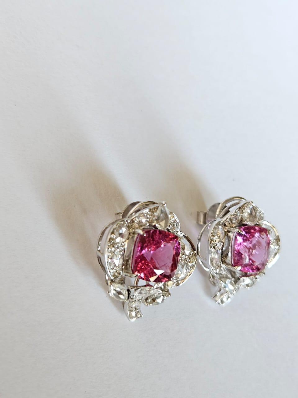 Clous d'oreilles en or blanc 18 carats, rubellite et diamants taille rose de 7,38 carats en vente 4