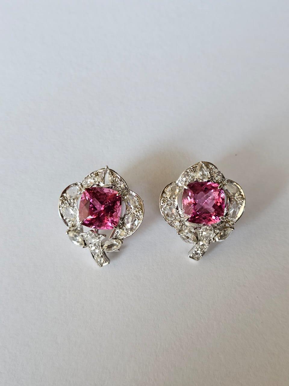 Clous d'oreilles en or blanc 18 carats, rubellite et diamants taille rose de 7,38 carats en vente 5