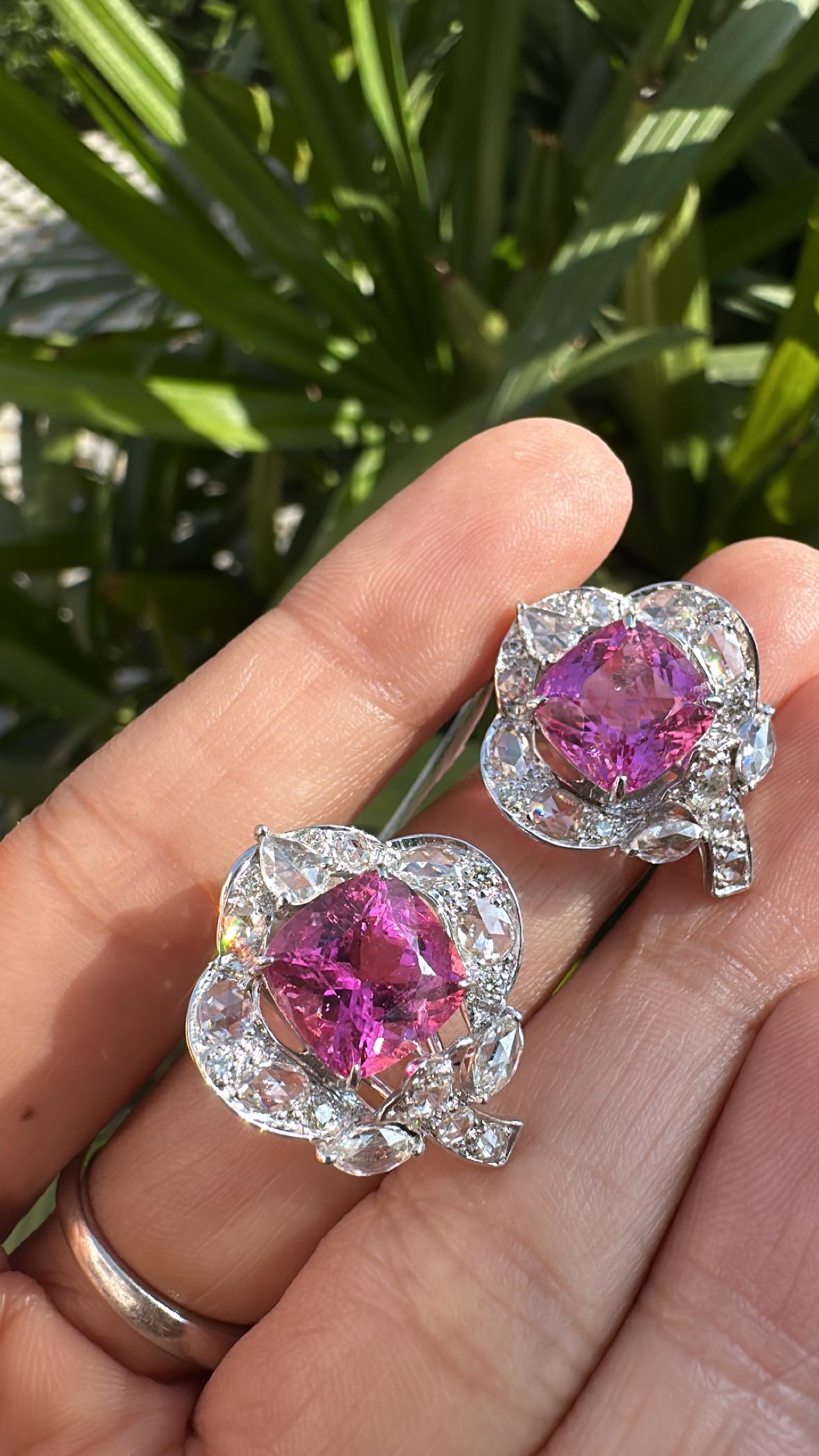 Clous d'oreilles en or blanc 18 carats, rubellite et diamants taille rose de 7,38 carats Unisexe en vente