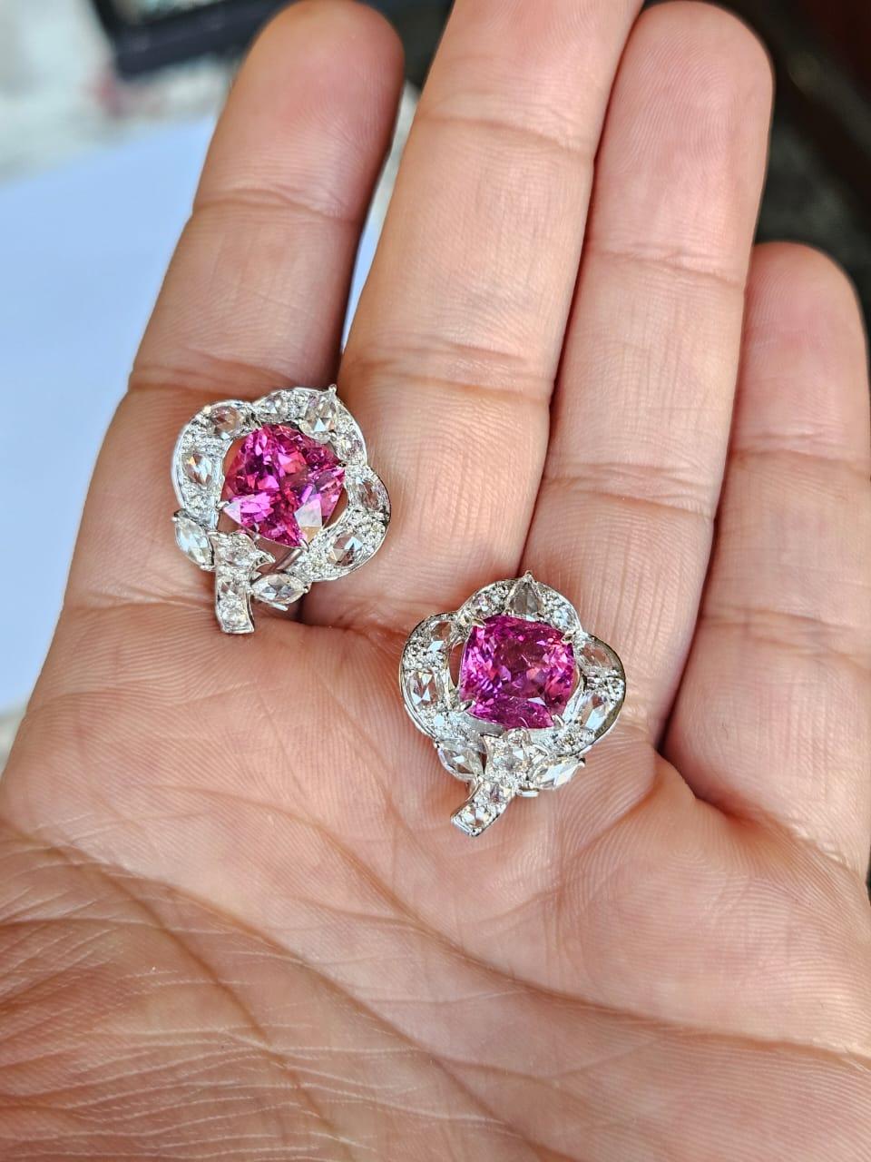 Clous d'oreilles en or blanc 18 carats, rubellite et diamants taille rose de 7,38 carats en vente 2