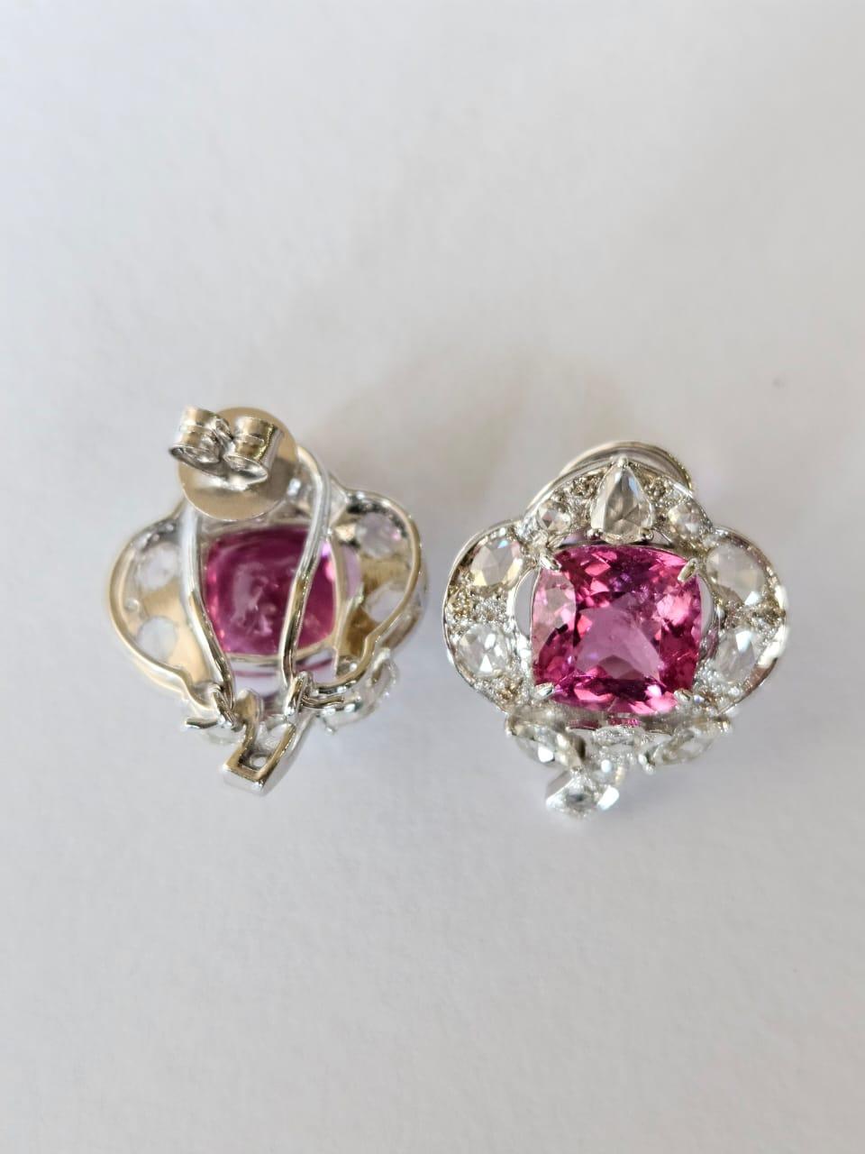 Clous d'oreilles en or blanc 18 carats, rubellite et diamants taille rose de 7,38 carats en vente 3