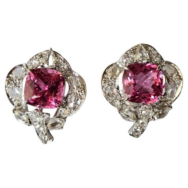 Clous d'oreilles en or blanc 18 carats, rubellite et diamants taille rose de 7,38 carats
