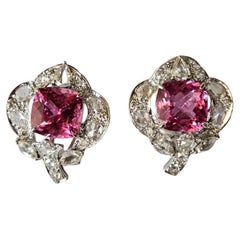 Set in 18K white Gold, 7.38 carats Rubellite & Rose Cut Diamonds Stud Earrings