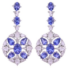 Set in 18K white Gold, 7.73 carat Tanzanites & Rose Cut Diamonds Dangle Earrings
