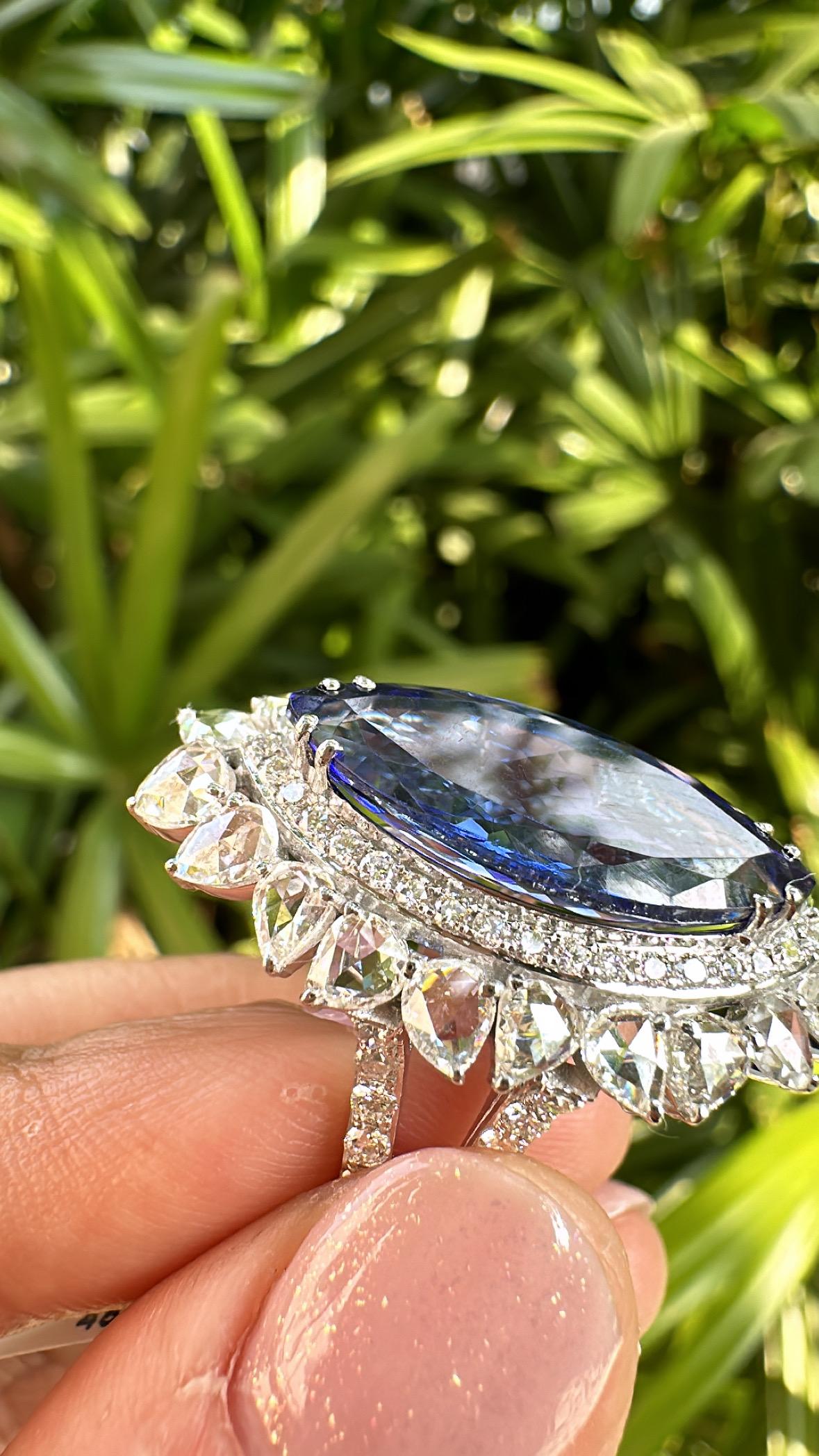 Set in 18K White Gold, 7.92 carats, Tanzanite & Rose Cut Diamond Engagement Ring For Sale 6