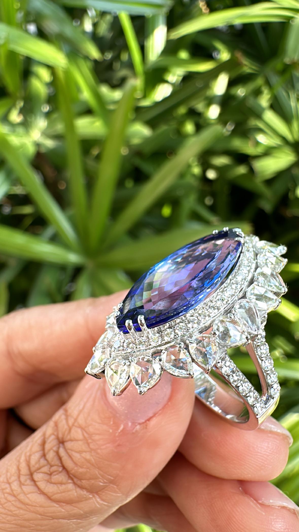 Set in 18K White Gold, 7.92 carats, Tanzanite & Rose Cut Diamond Engagement Ring For Sale 7