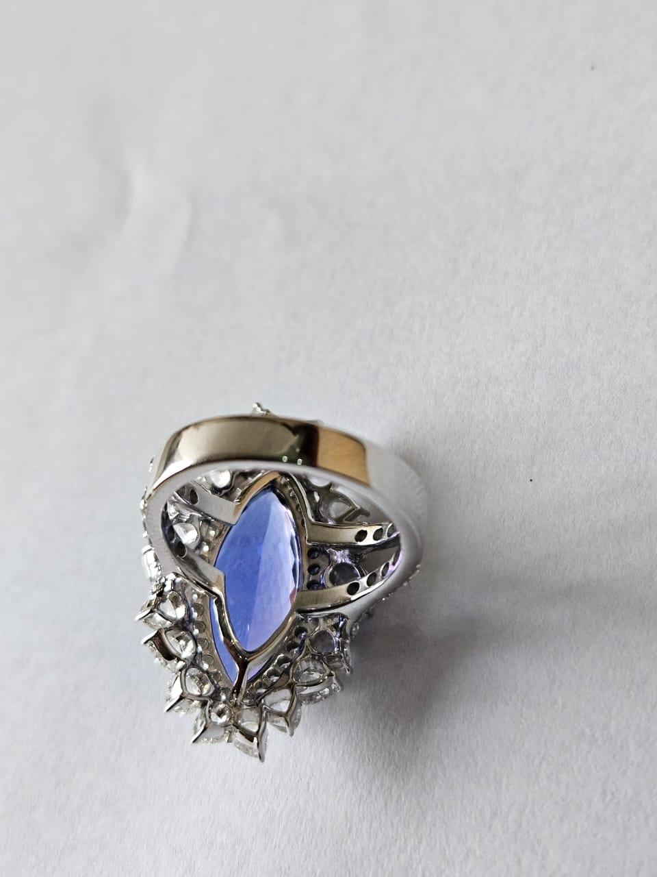 Modern Set in 18K White Gold, 7.92 carats, Tanzanite & Rose Cut Diamond Engagement Ring For Sale