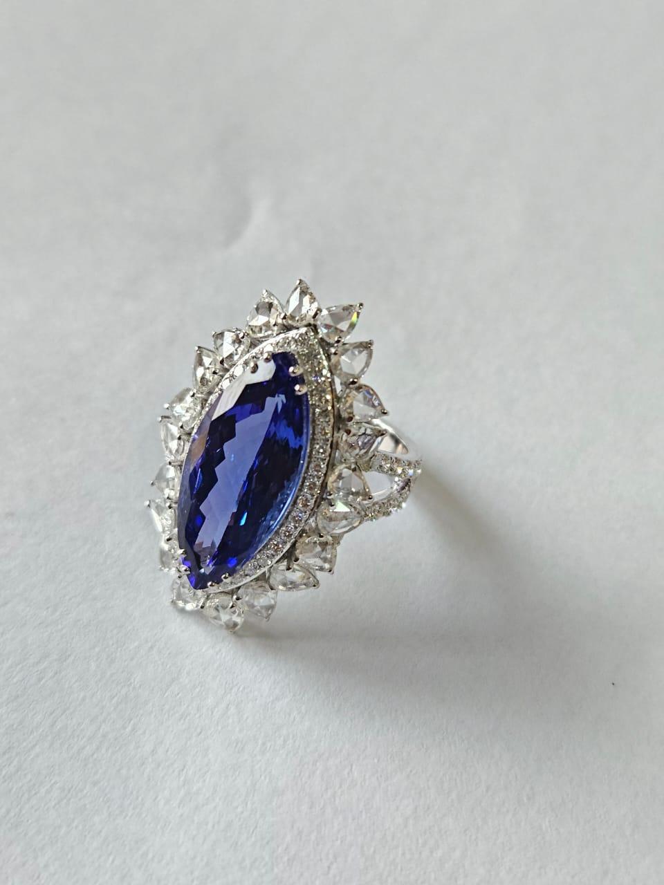 Set in 18K White Gold, 7.92 carats, Tanzanite & Rose Cut Diamond Engagement Ring In New Condition For Sale In Hong Kong, HK