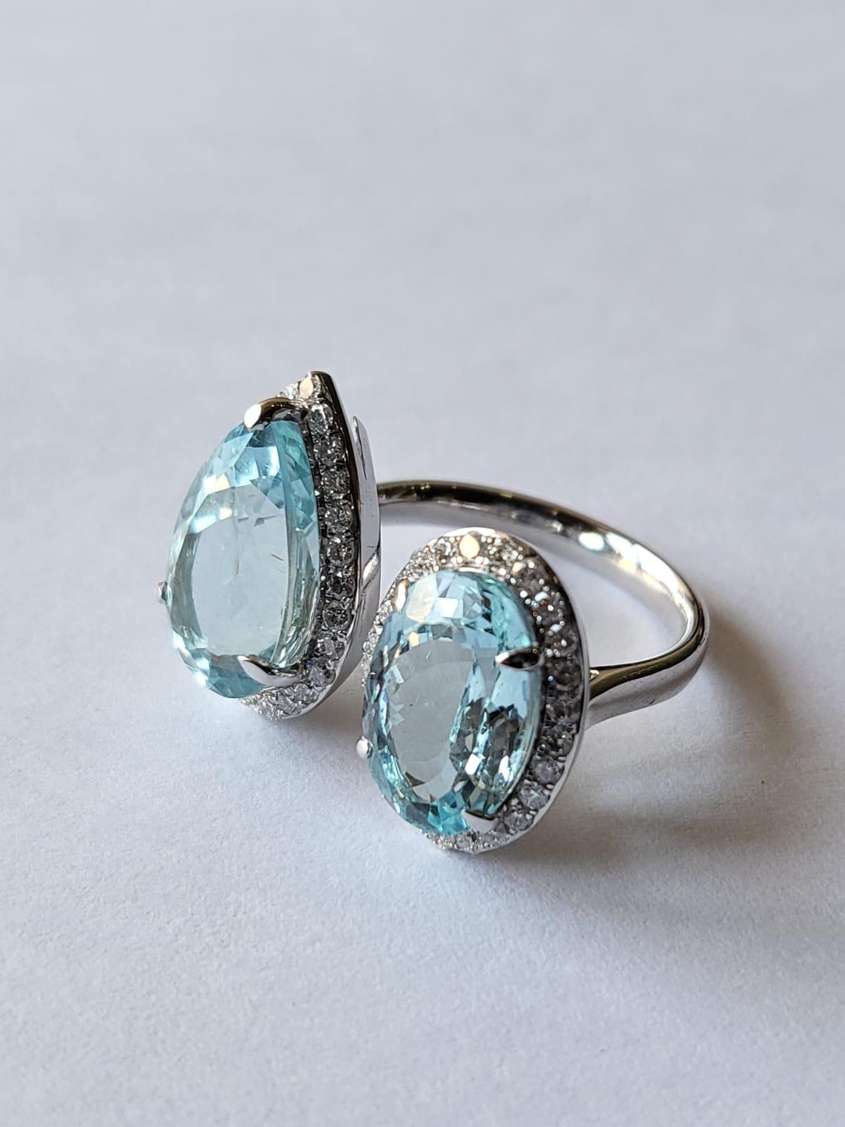 Pear Cut Set in 18k White Gold 7.96 Carats Aquamarine & Diamonds Two Finger/Cocktail Ring
