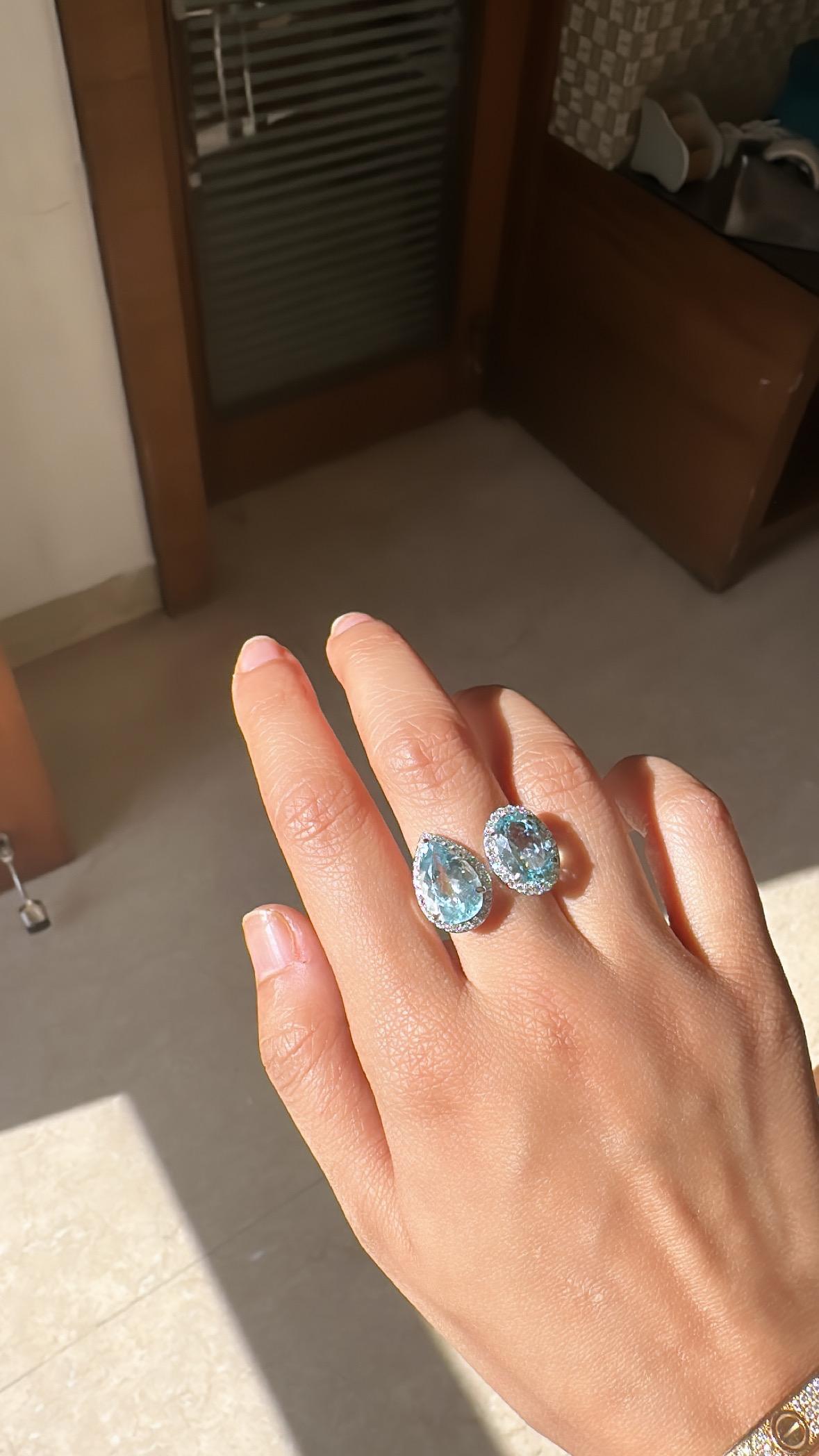 Set in 18k White Gold 7.96 Carats Aquamarine & Diamonds Two Finger/Cocktail Ring 1