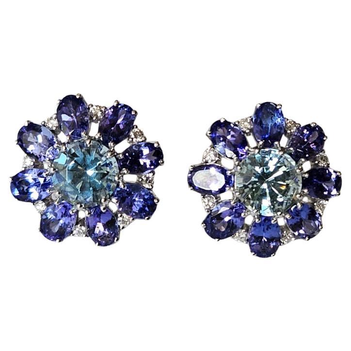 Set in 18K white Gold, 8.16 carats Tanzanite, Aquamarine & Diamond Stud Earrings