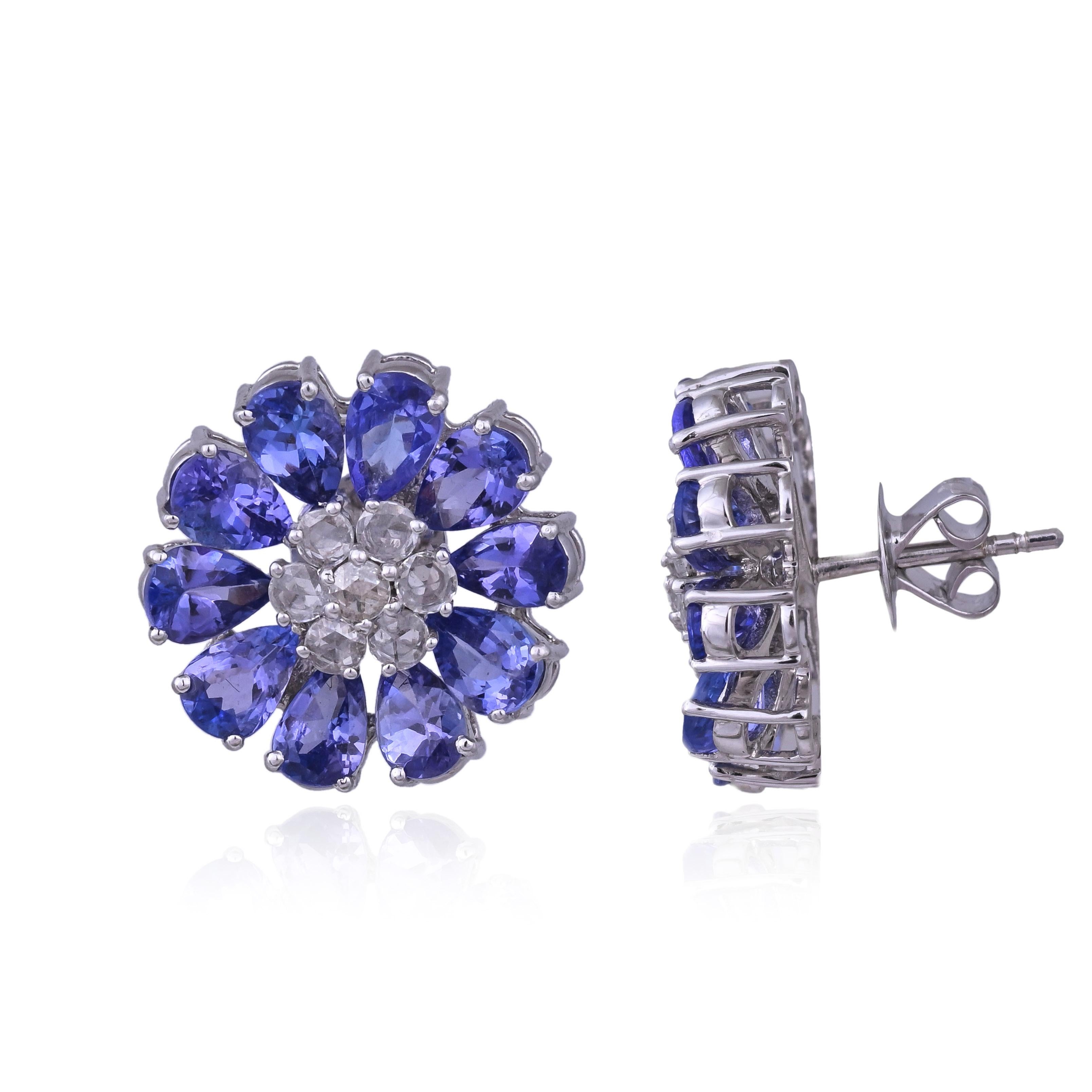 Boucles d'oreilles en or blanc 18 carats, 9,50 carats, Tanzanites et diamants taillés en rose en vente 8