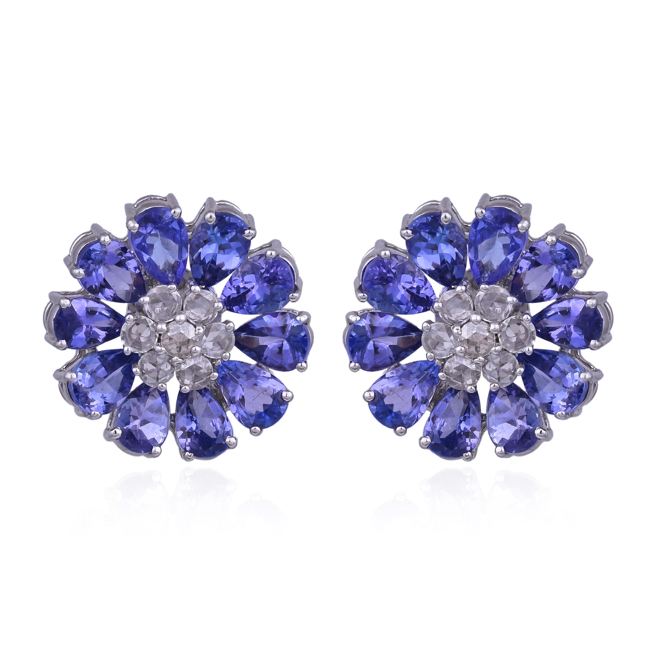 Boucles d'oreilles en or blanc 18 carats, 9,50 carats, Tanzanites et diamants taillés en rose en vente 9