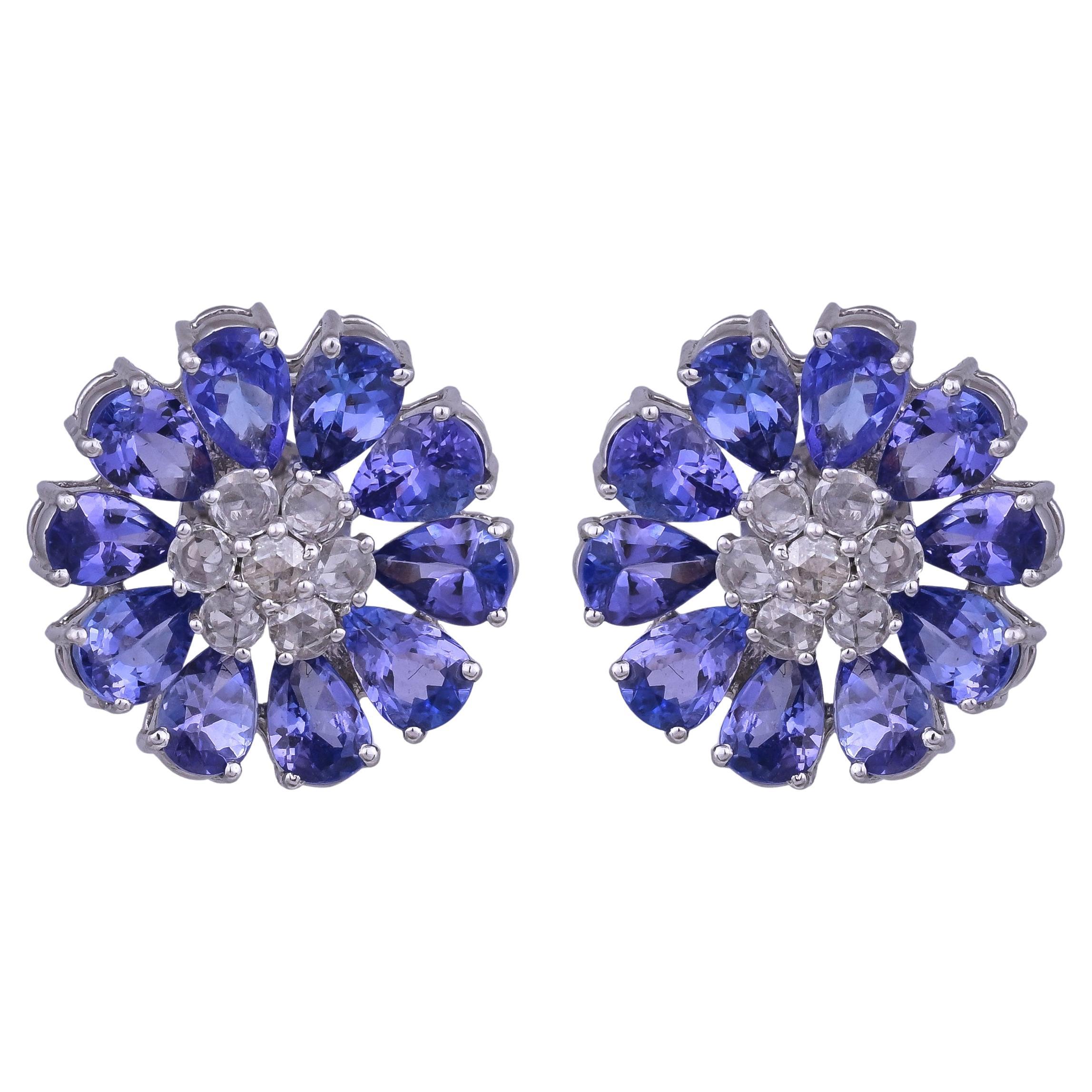 Boucles d'oreilles en or blanc 18 carats, 9,50 carats, Tanzanites et diamants taillés en rose