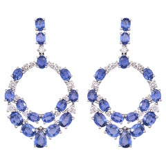 Pendientes colgantes con montura de oro blanco de 18 quilates, 9,90 quilates, zafiros azules y diamantes