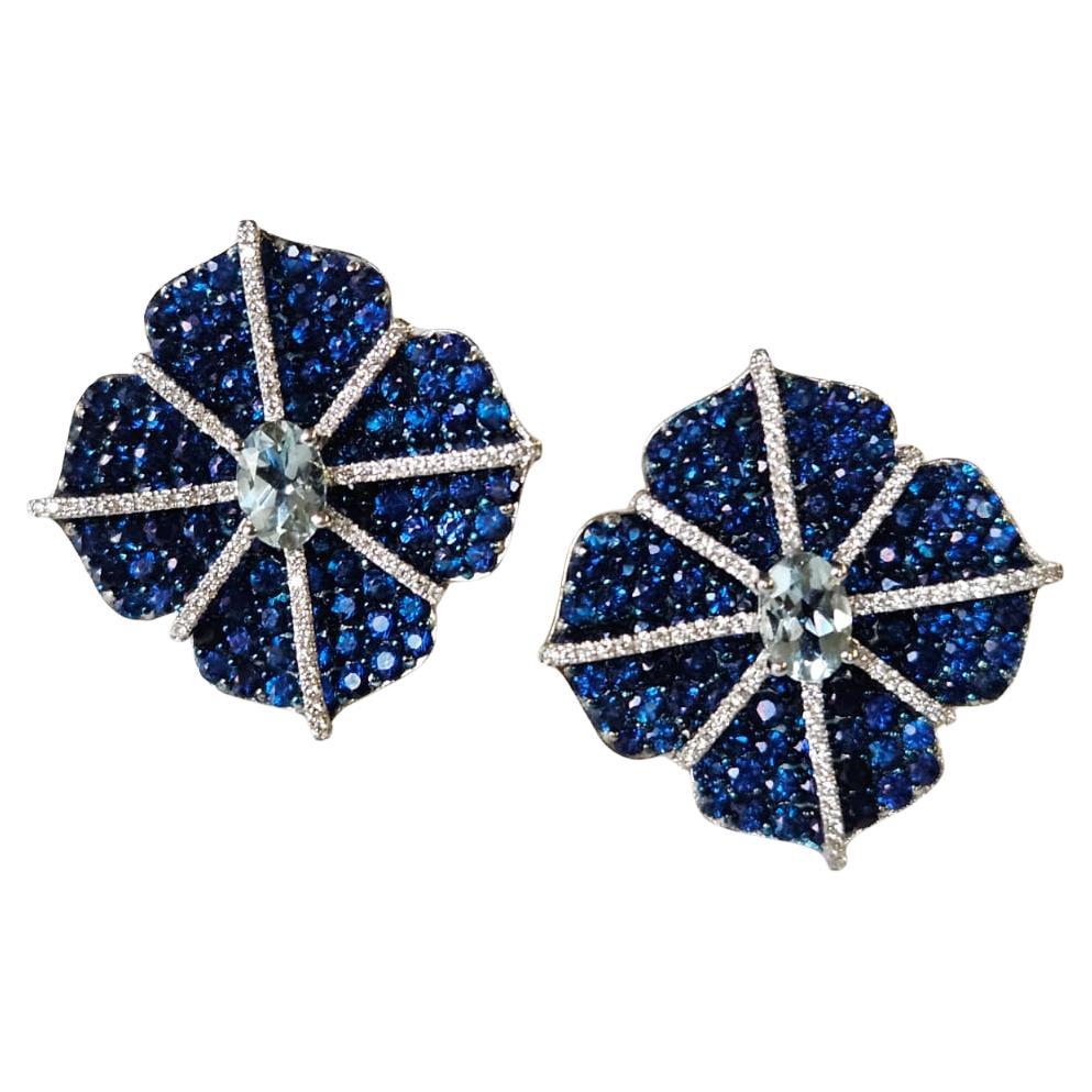 Set in 18K white Gold, Aquamarine, Blue Sapphires & Diamonds Stud Earrings
