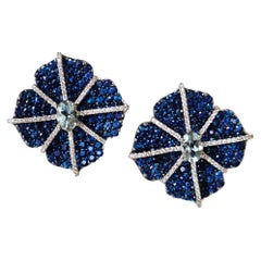 Set in 18K white Gold, Aquamarine, Blue Sapphires & Diamonds Stud Earrings