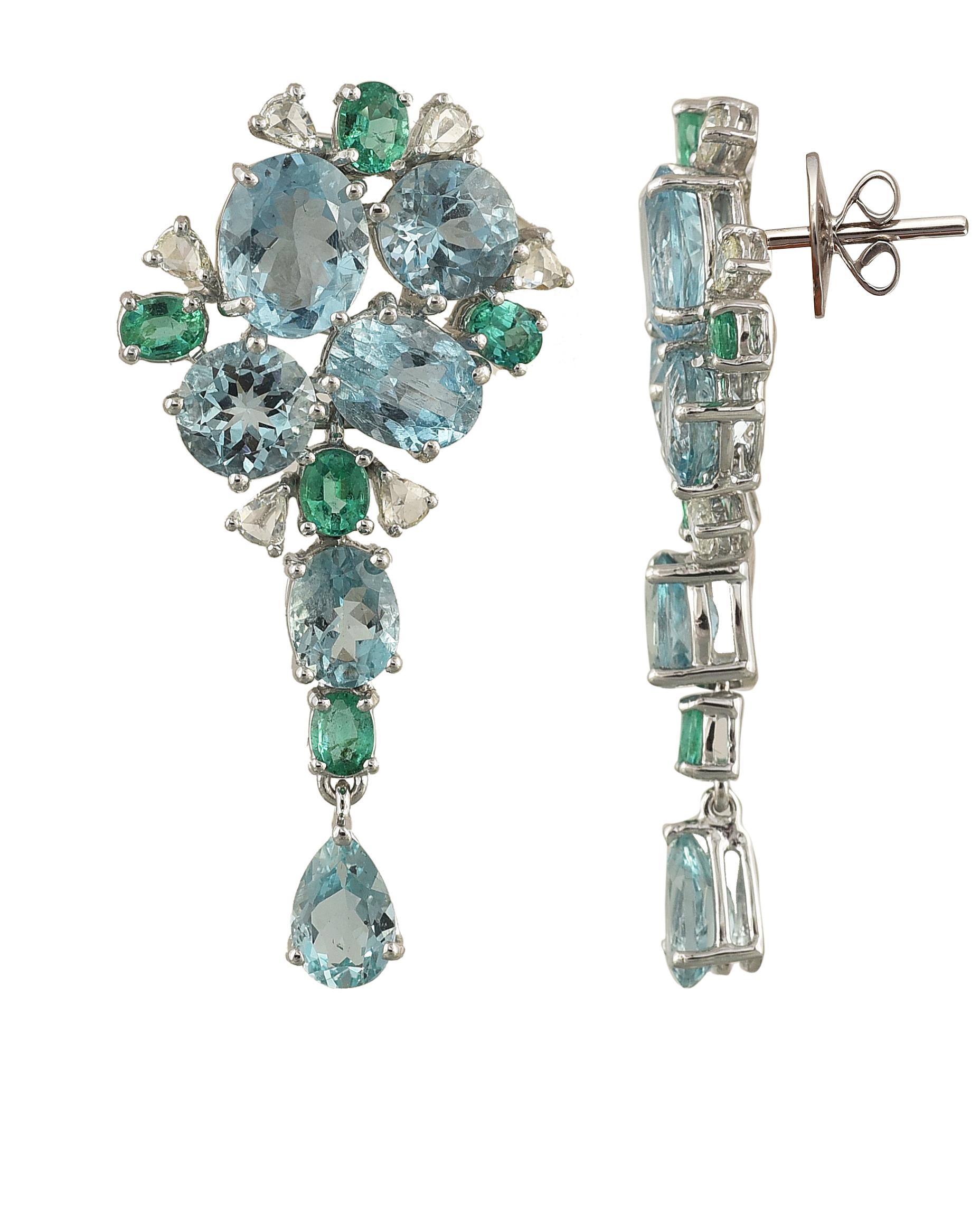 A gorgeous pair of Aquamarine, Emerald and Rose Cut Diamonds Earrings set in 18K white gold.  All the stones, are natural and free of any treatment or heat. The total weight of the Aquamarine and Emeralds is 15.82 carats. The weight of the rose cut