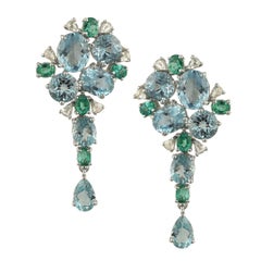 Set in 18K white gold, Aquamarine, Emerald and Rose Cut Diamond Dangle Earrings