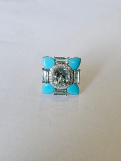 Set in 18K white Gold, Aquamarine, Emerald, Turquoise & Diamonds Cocktail Ring