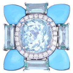 Set in 18K white Gold, Aquamarine, Emerald, Turquoise & Diamonds Cocktail Ring