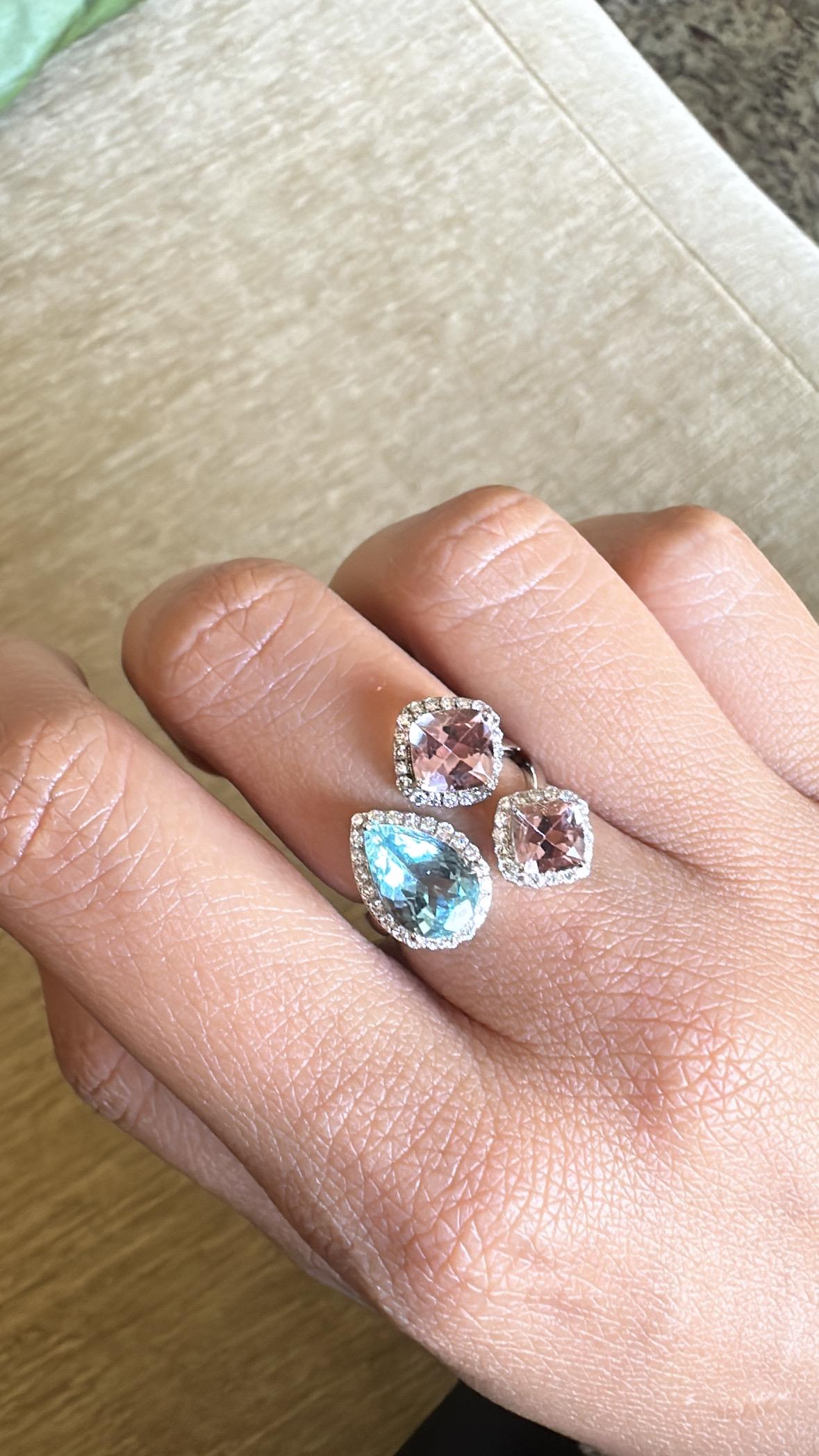 Set in 18K white Gold, Aquamarine, Morganite & Diamonds Cocktail Ring 4