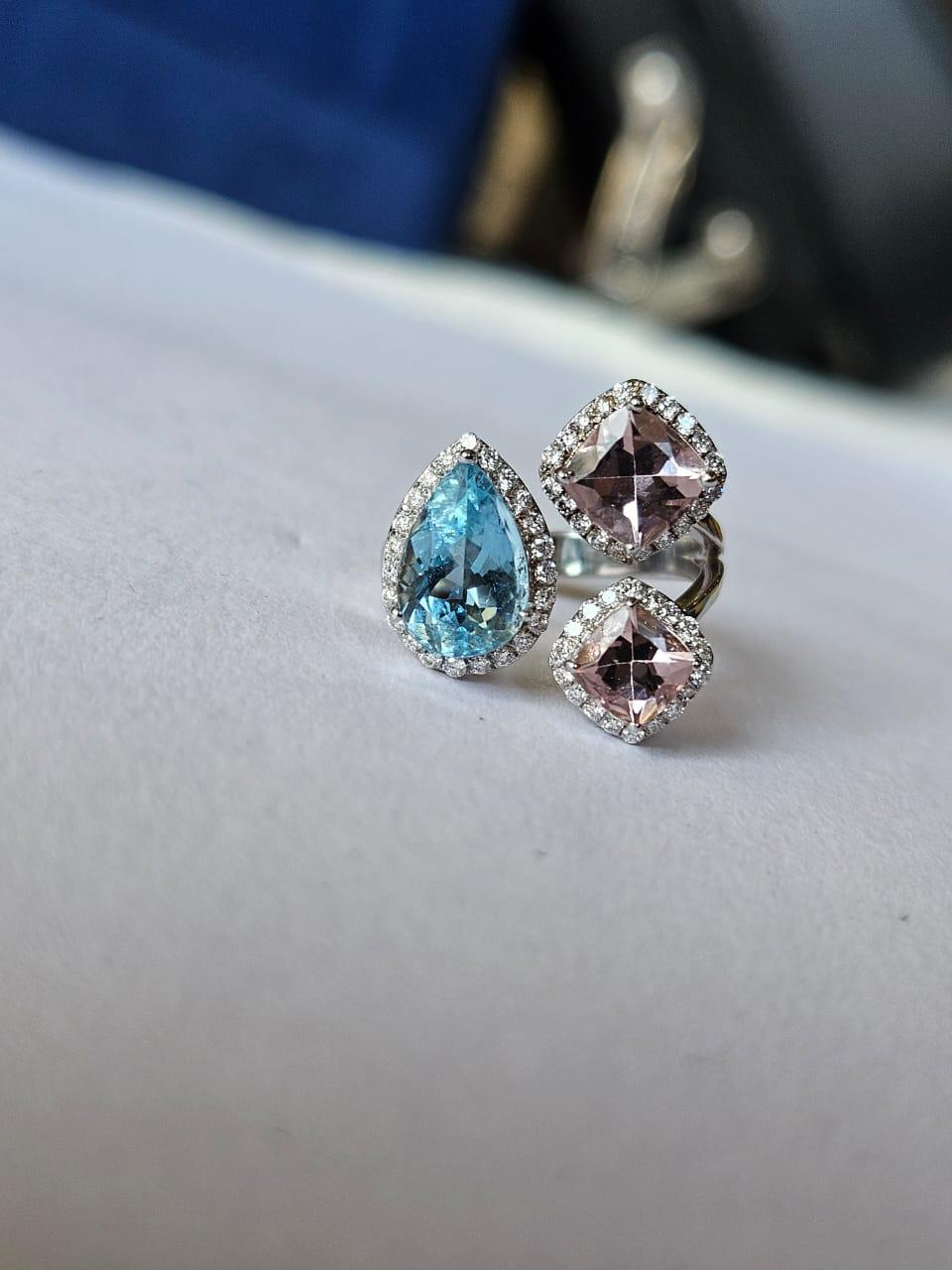 Modern Set in 18K white Gold, Aquamarine, Morganite & Diamonds Cocktail Ring