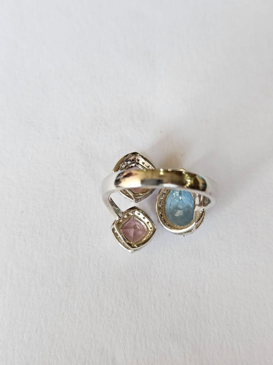 Pear Cut Set in 18K white Gold, Aquamarine, Morganite & Diamonds Cocktail Ring