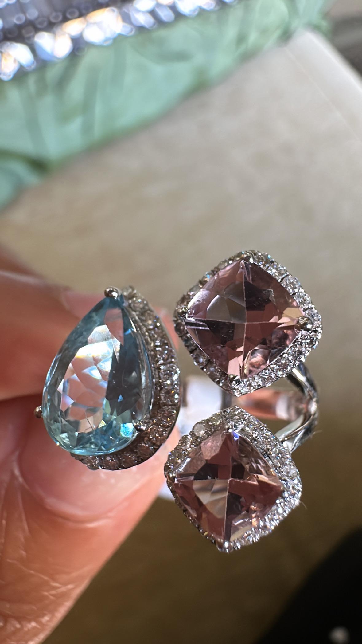 Set in 18K white Gold, Aquamarine, Morganite & Diamonds Cocktail Ring 2