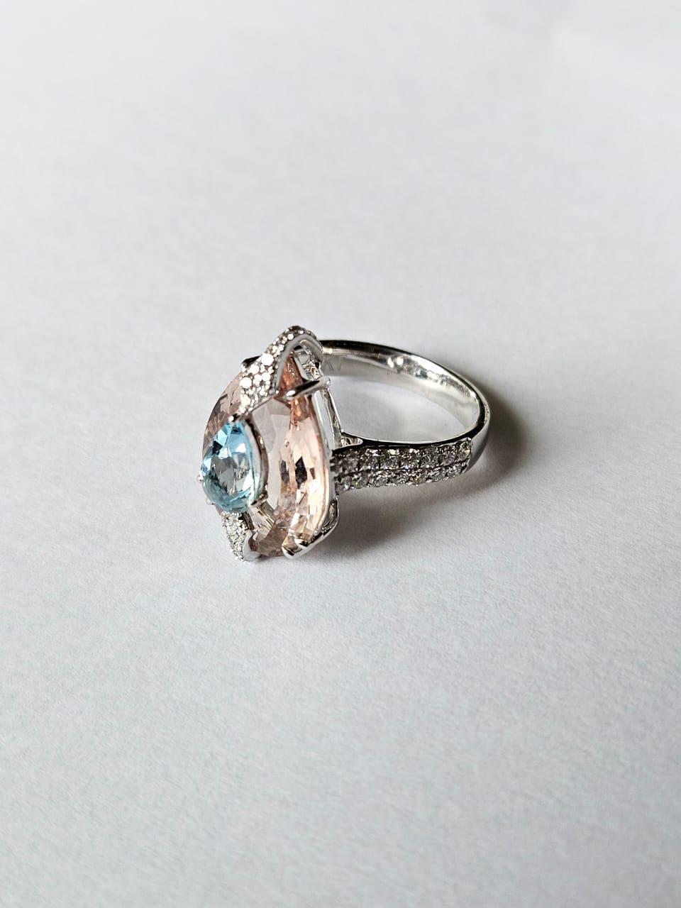 Pear Cut Set in 18K White Gold, Aquamarine, Morganite & Diamonds in-laid Engagement Ring For Sale