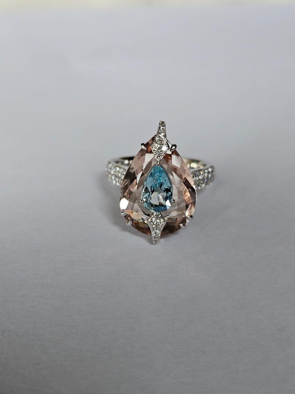 Set in 18K White Gold, Aquamarine, Morganite & Diamonds in-laid Engagement Ring In New Condition For Sale In Hong Kong, HK