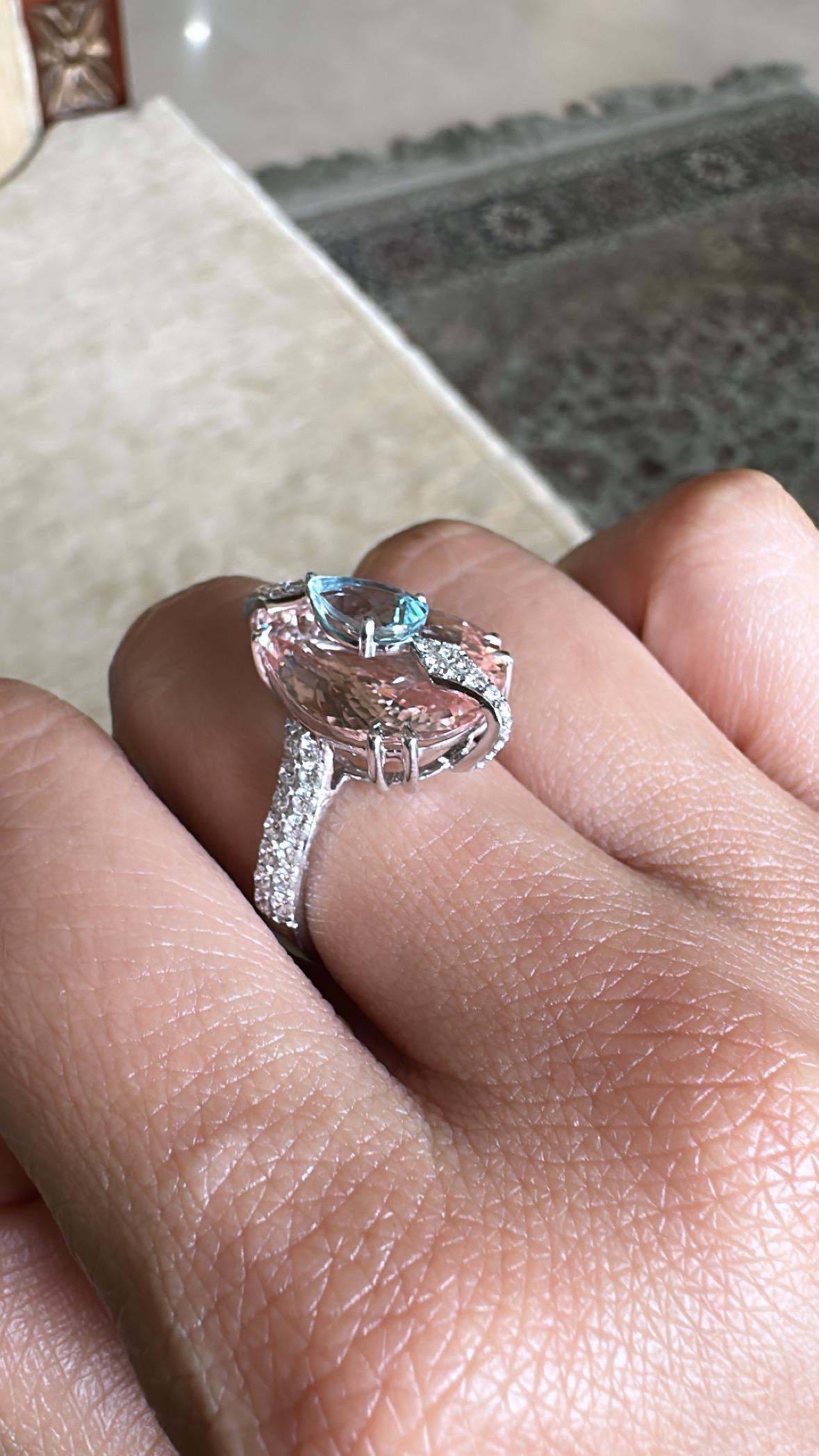 Set in 18K White Gold, Aquamarine, Morganite & Diamonds in-laid Engagement Ring For Sale 1
