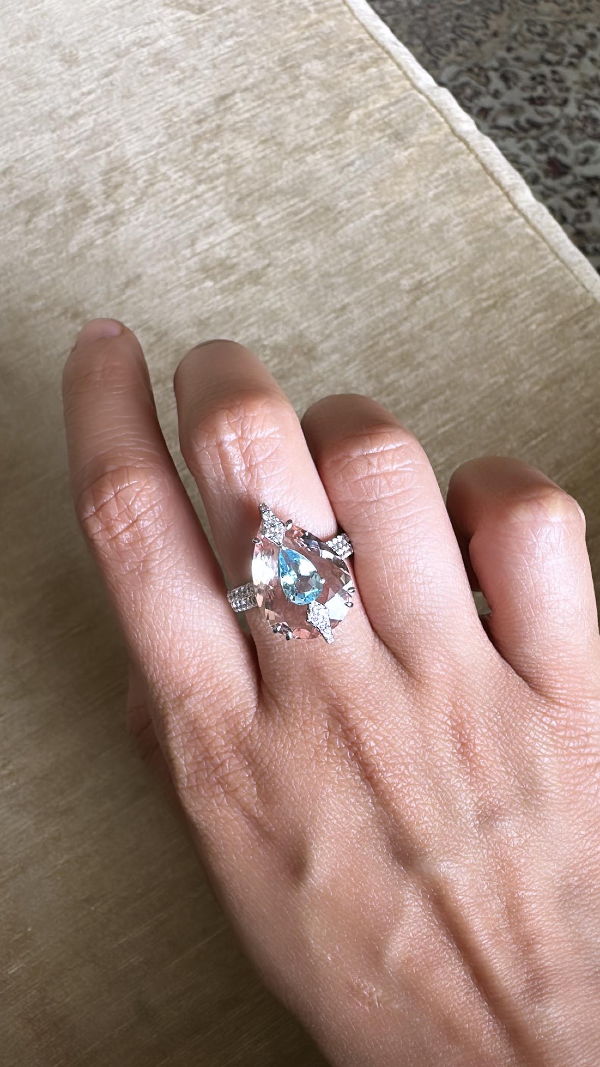 Set in 18K White Gold, Aquamarine, Morganite & Diamonds in-laid Engagement Ring For Sale 2