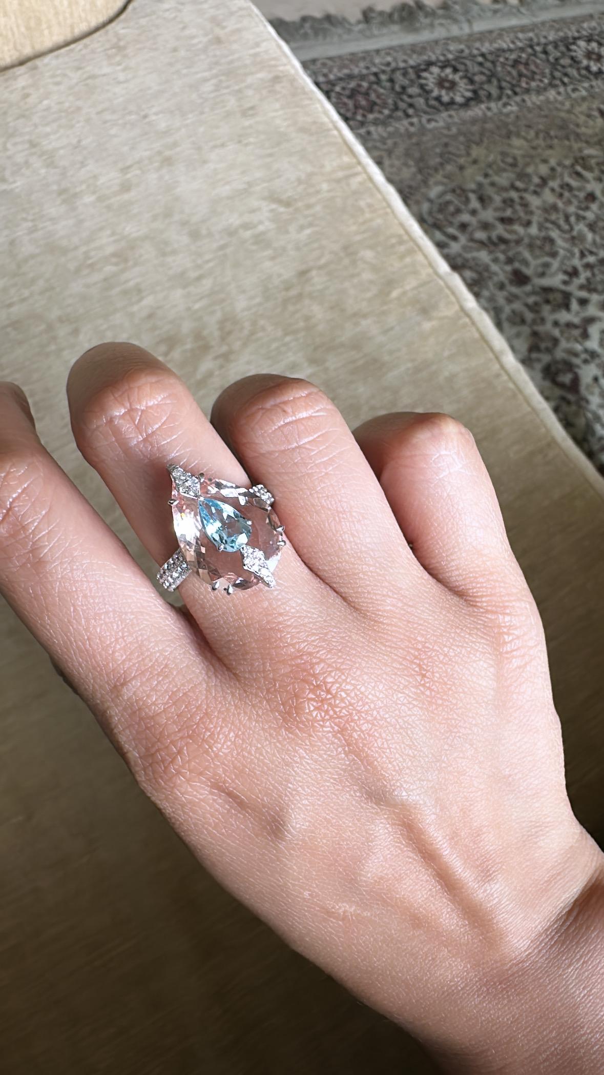 Set in 18K White Gold, Aquamarine, Morganite & Diamonds in-laid Engagement Ring For Sale 3