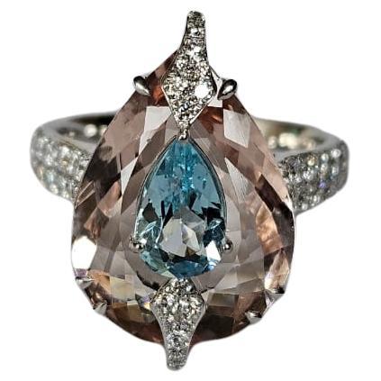 Set in 18K White Gold, Aquamarine, Morganite & Diamonds in-laid Engagement Ring For Sale