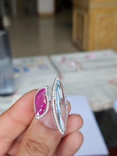 Set in 18K white Gold, Aquamarine, Mozambique Ruby & Diamonds Cocktail Ring