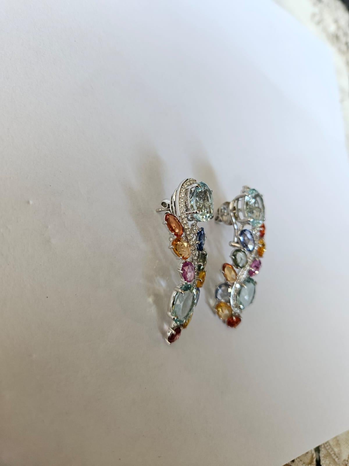 Modern Set in 18K white Gold, Aquamarine, Multi Sapphires & Diamonds Chandelier Earring For Sale