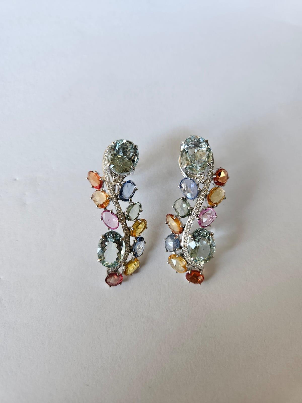 Oval Cut Set in 18K white Gold, Aquamarine, Multi Sapphires & Diamonds Chandelier Earring For Sale