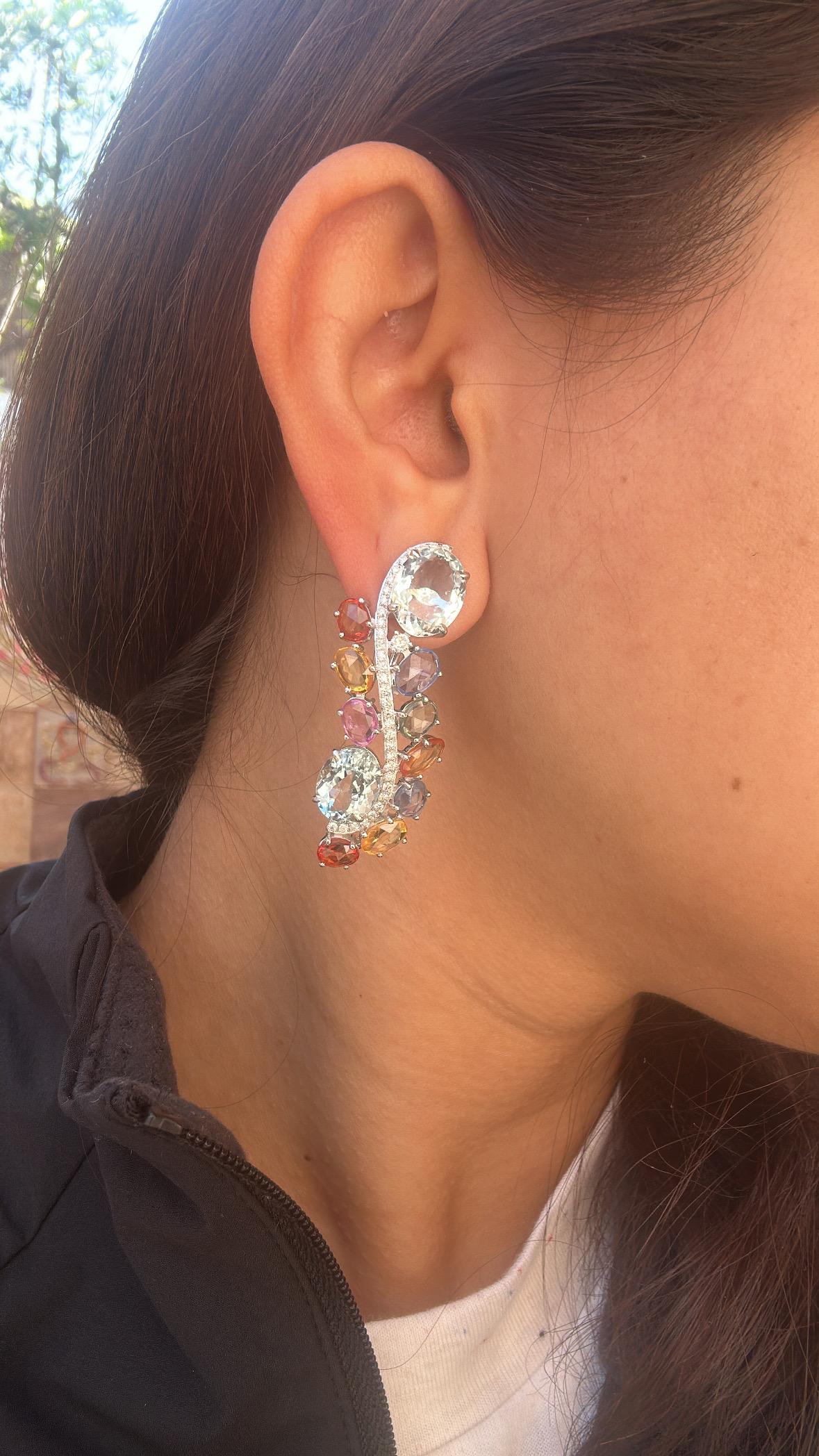 Women's or Men's Set in 18K white Gold, Aquamarine, Multi Sapphires & Diamonds Chandelier Earring For Sale