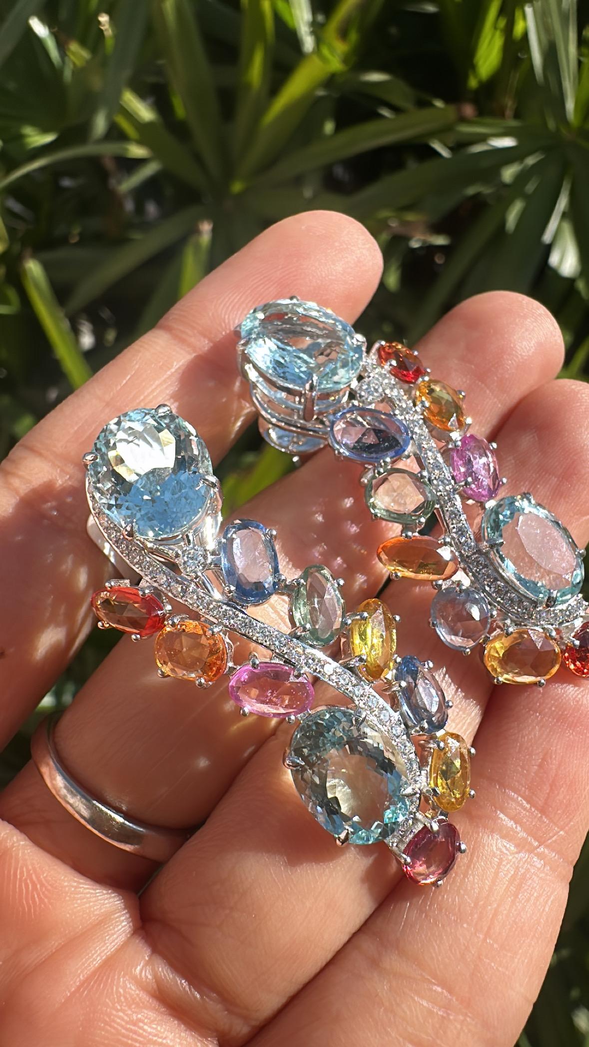 Set in 18K white Gold, Aquamarine, Multi Sapphires & Diamonds Chandelier Earring For Sale 3