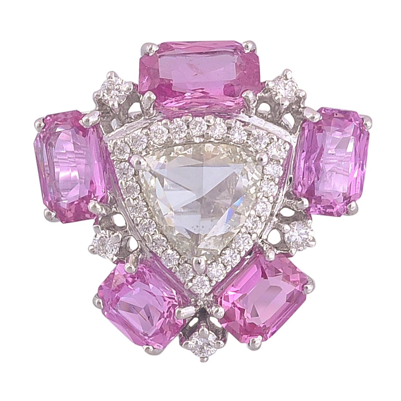Set in 18k White Gold, Rose Cut Diamond and Pink Sapphire Cocktail Ring
