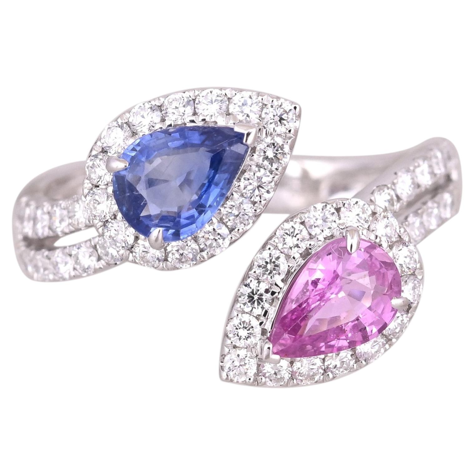 Set in 18K white Gold, Blue Sapphire, Pink Sapphire & Diamonds Engagement Ring