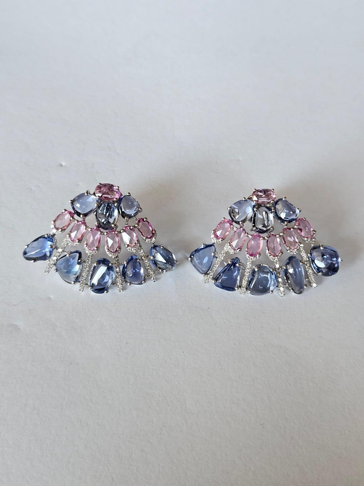 Set in 18K white Gold, Blue Sapphires, Pink Sapphires & Diamonds Stud Earrings For Sale 4